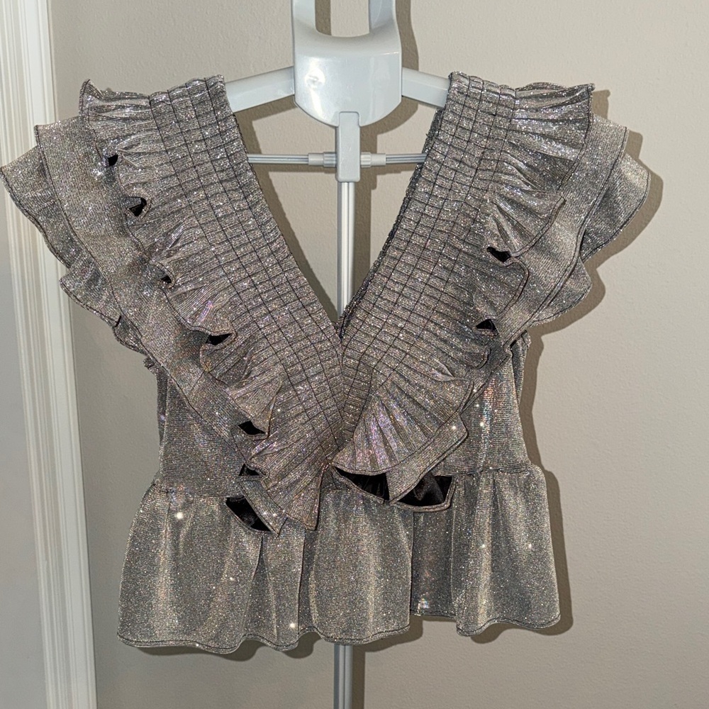 Lavish Boutique Shimmering Silver Ruffle Top